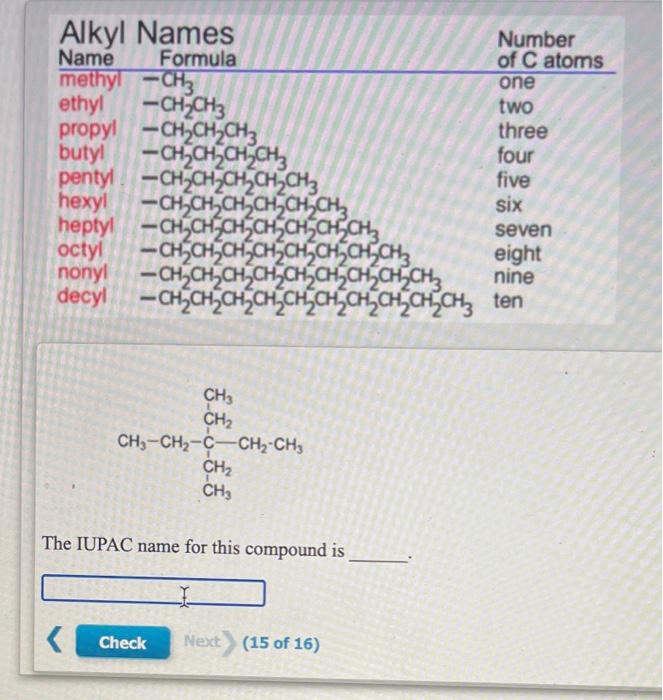 Solved two Alkyl Names Number Name Formula of C atoms methyl | Chegg.com