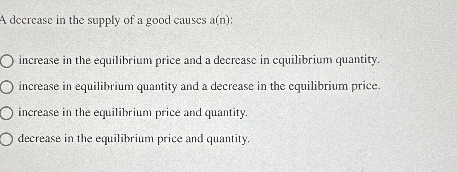 Solved A decrease in the supply of a good causes | Chegg.com