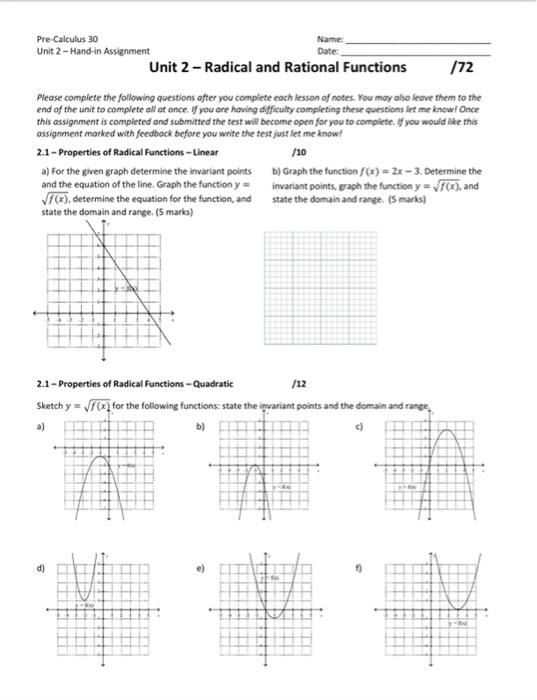 Solved Pre-Calculus 30 Name: Unit 2-Hand-in Assignment Date: | Chegg.com