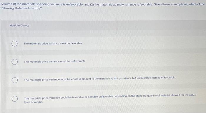 Solved Assume (1) the materials spending variance is | Chegg.com