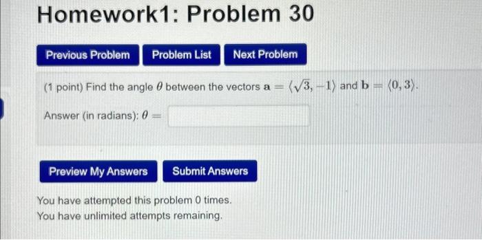 Solved (1 Point) Find The Angle θ Between The Vectors | Chegg.com