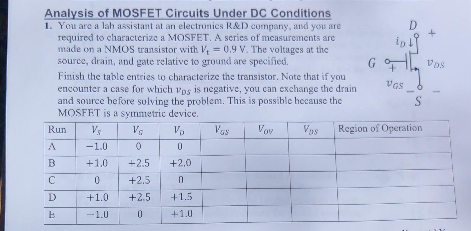 Solved Analysis of MOSFET Circuits Under DC Conditions 1. | Chegg.com