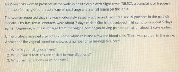 Solved A 22 year Old Woman Presents At The Walk in Health Chegg