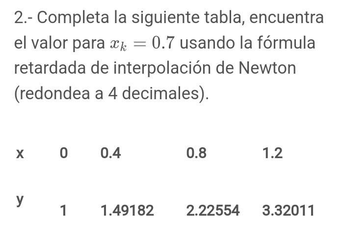 2.- Completa la siguiente tabla, encuentra el valor para \( x_{k}=0.7 \) usando la fórmula retardada de interpolación de Newt