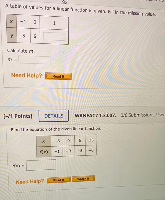 Solved A table of values for a linear function is given. | Chegg.com
