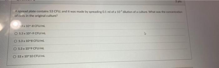 Solved A spread plate contains 53 CFU, and it was made by | Chegg.com