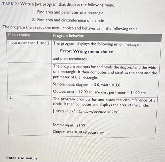 Solved a TASK 2: Write a Java program that displays the | Chegg.com