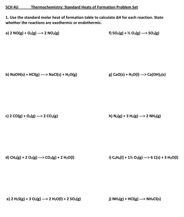 Solved SCH 4U Thermochemistry Standard Heats of Formation
