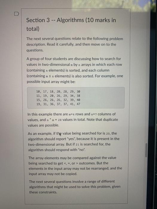 Solved Section 3 -- Algorithms (10 marks in total) The next | Chegg.com