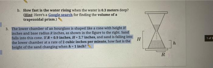 Solved b. How fast is the water rising when the water is 0.3 | Chegg.com
