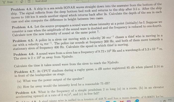 Solved Draw Read aloud Problem 4.3. A ship in a sea sends | Chegg.com