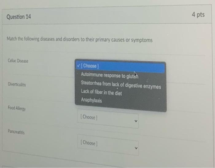 Question 14 4 pts Match the following diseases and disorders to their primary causes or symptoms Celiac Disease Diverticuliti