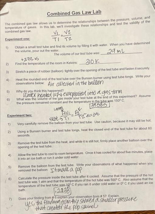 Solved Combined Gas Law Lab The combined gas law allows us