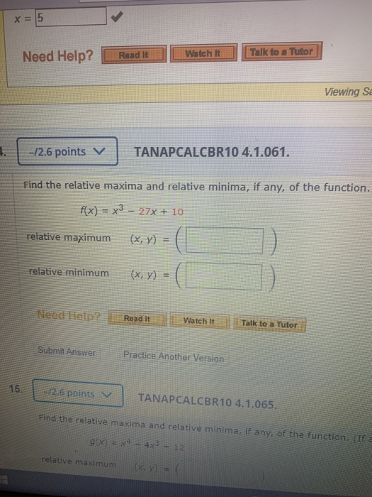 Solved x=5 Need Help? Read It Watch Talk to a Tutor Viewing | Chegg.com