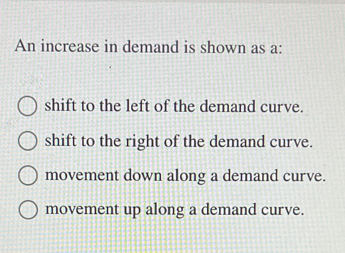 Solved An increase in demand is shown as a:shift to the left | Chegg.com