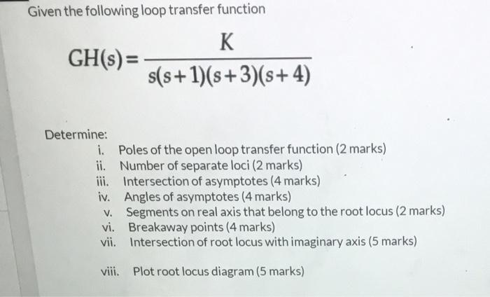 Solved Given the following loop transfer function K GH(s)= | Chegg.com