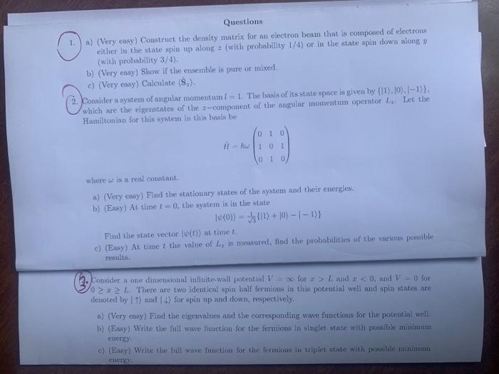 Solved 1. a) (Very easy) Construct the density matrix for an | Chegg.com