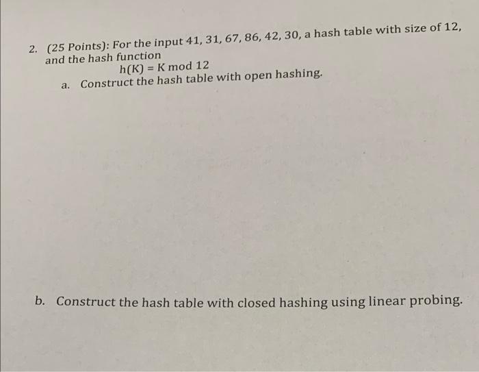 Solved 2. (25 Points): For the input 41, 31, 67, 86, 42, 30, | Chegg.com