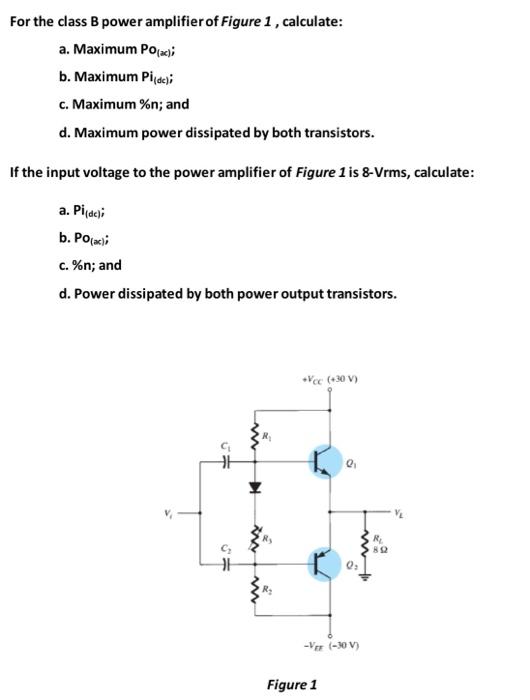 Solved For the class B power amplifier of Figure 1,