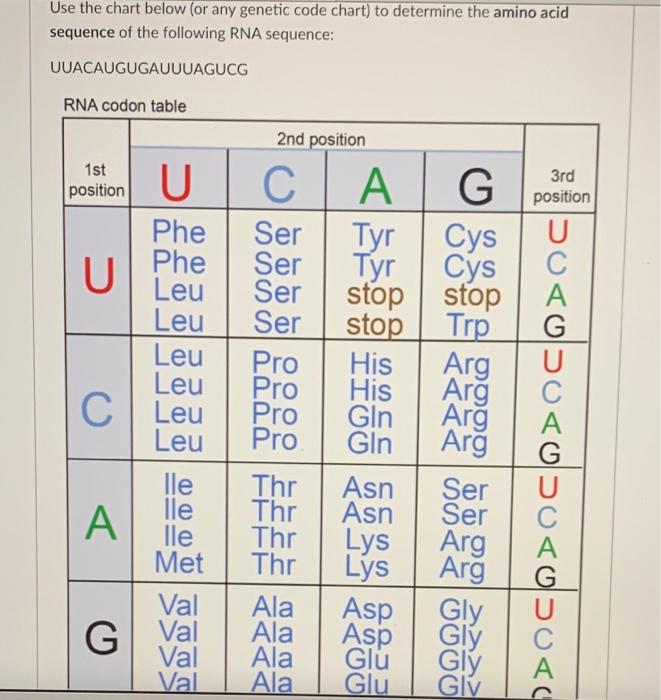 Solved Use the chart below (or any genetic code chart) to | Chegg.com