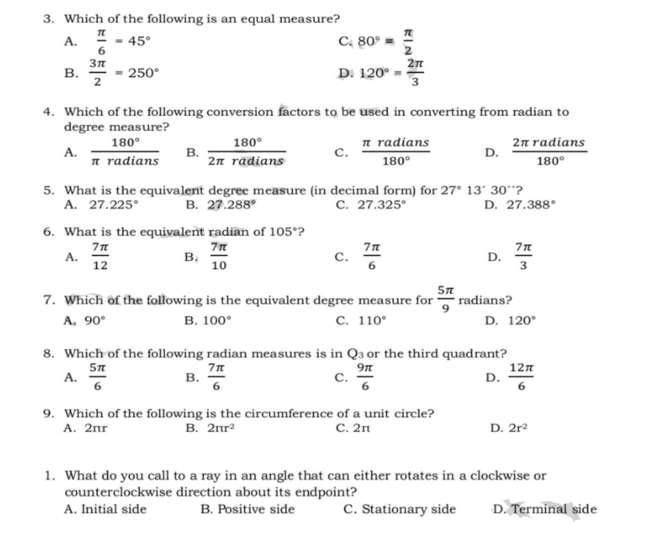 Convert the angle from degree to radian : {:((a) 30^(@),(b) 45^(