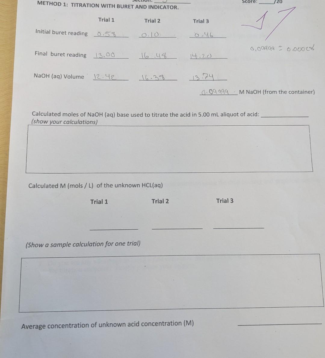 METHOD 1 TITRATION WITH BURET AND INDICATOR.