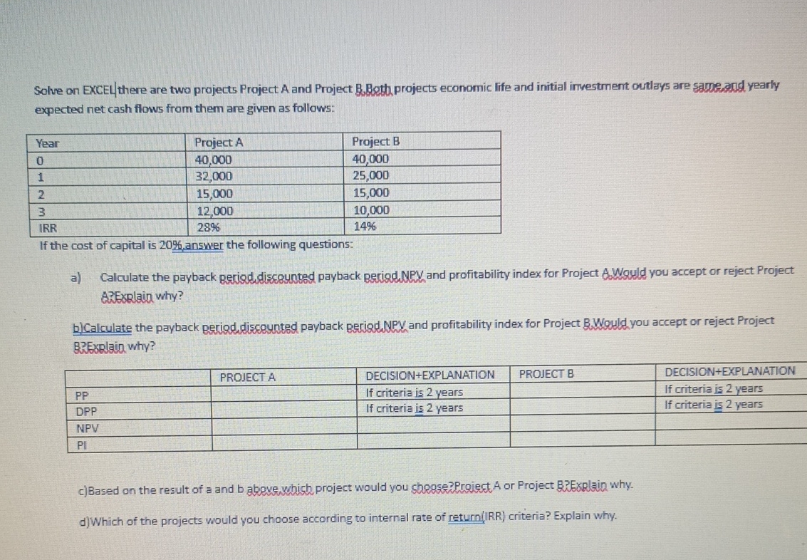 Solved Solve on EXCELL there are two projects Project A and | Chegg.com