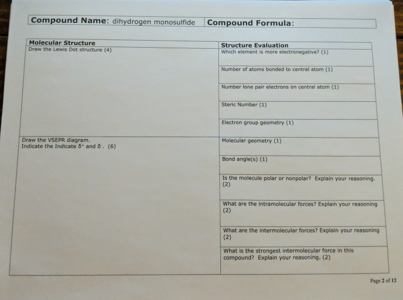 Solved Compound Name Dihydrogen Monosulfide Compound 4496