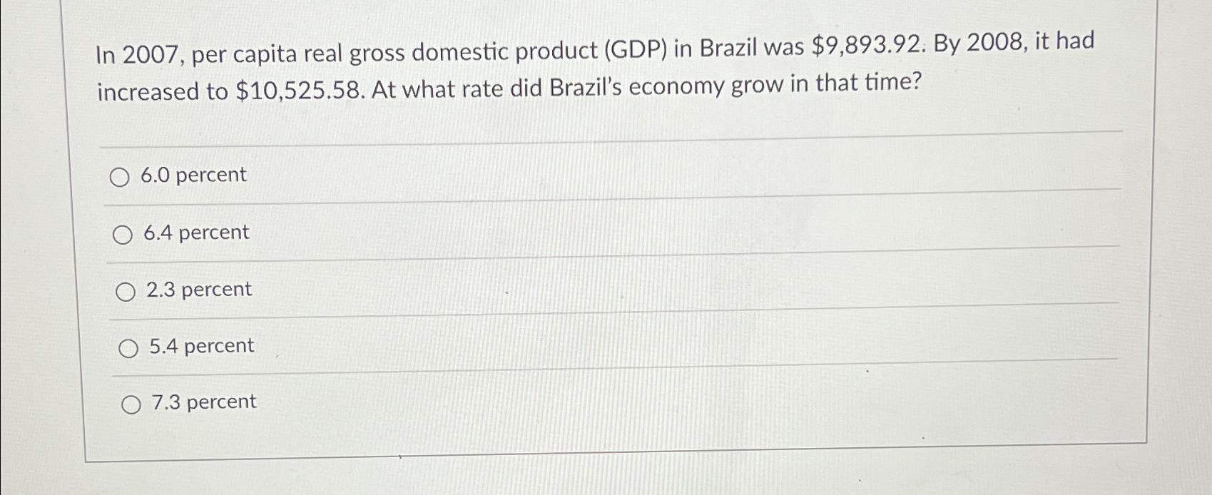 Solved In 2007, ﻿per capita real gross domestic product | Chegg.com