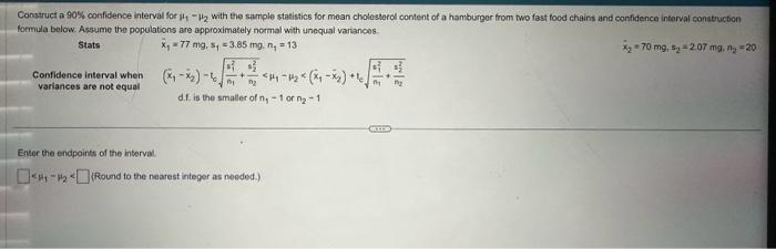 Solved Construct a 95% confidence interval for μ1−μ2 with | Chegg.com