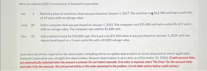 Solved Here Are Selected 2027 Transactions Of Sunland 