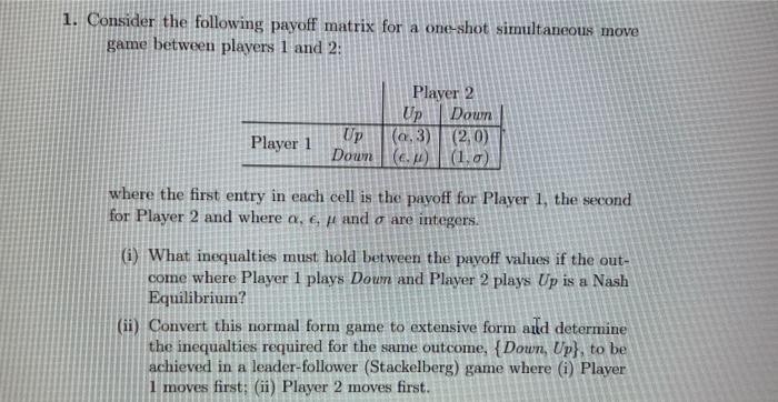 Solved 1. Consider the following payoff matrix for a | Chegg.com