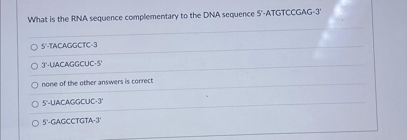 Solved What is the RNA sequence complementary to the DNA | Chegg.com