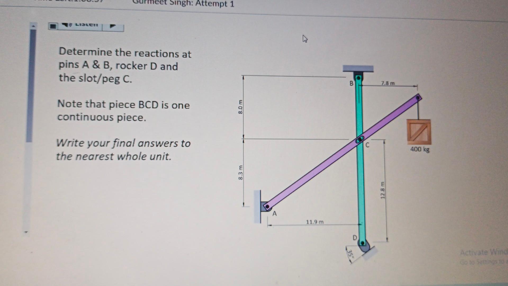 Solved Determine the reactions at pins A \& B, rocker D and | Chegg.com