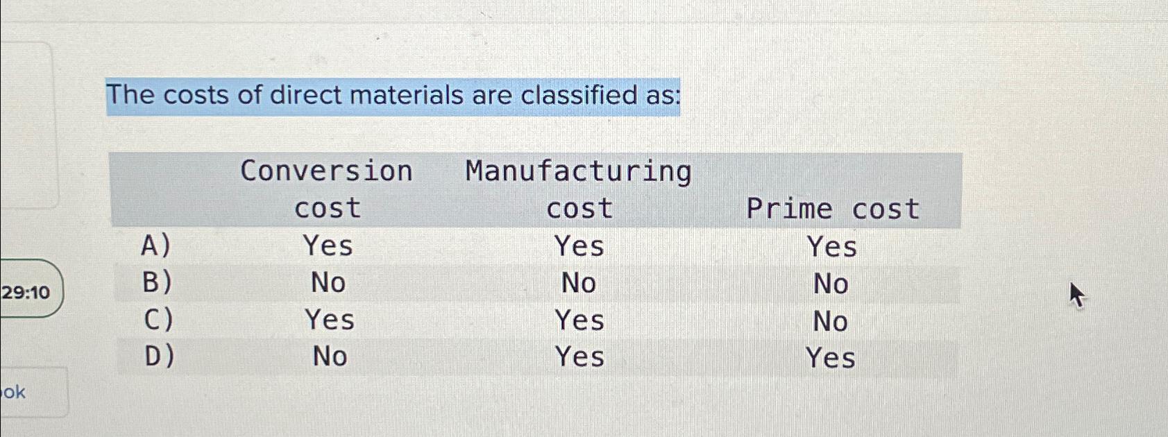 Solved The costs of direct materials are classified