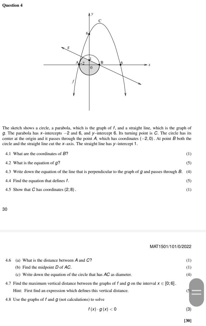 Question 4
0
The sketch shows a circle, a parabola, which is the graph of f, and a straight line, which is the graph of
g. Th