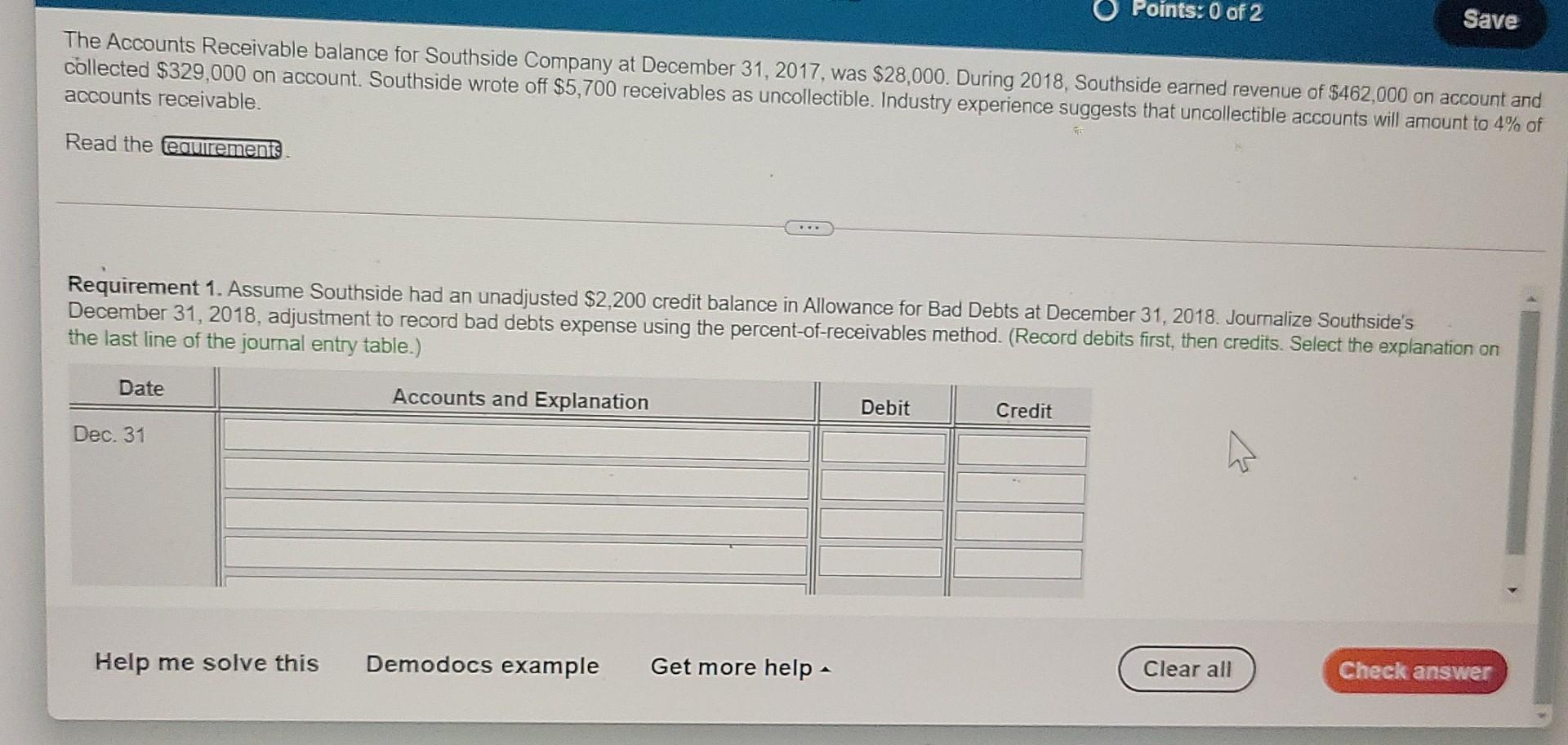 Solved Points: 0 Of 2 Save The Accounts Receivable Balance | Chegg.com