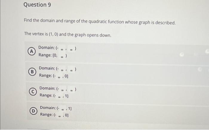 Solved Find the domain and range of the quadratic function | Chegg.com