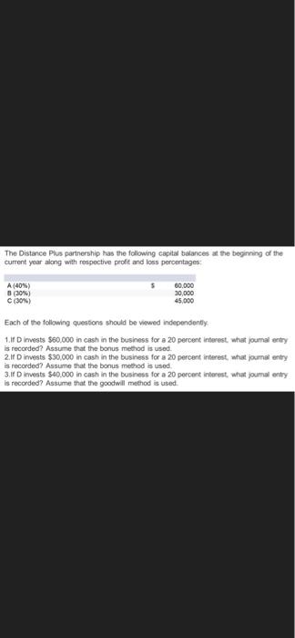 The Distance Plus partnership has the following capital balances at the beginning of the
current year along with respective p