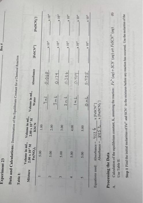 Solved Box # Experiment 23 Data And Calculations: | Chegg.com