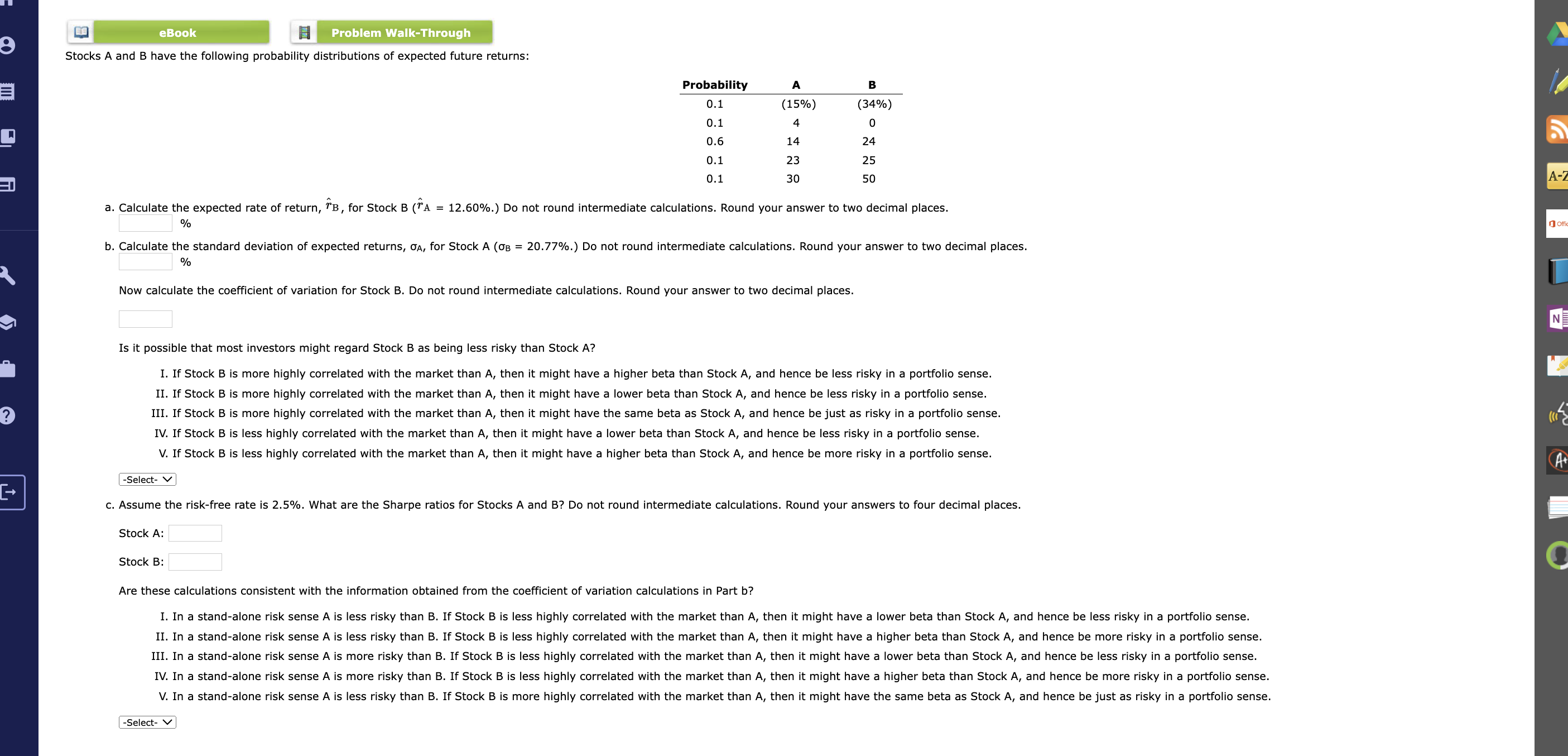 Solved EBook Problem Walk-ThroughStocks A And B Have The | Chegg.com