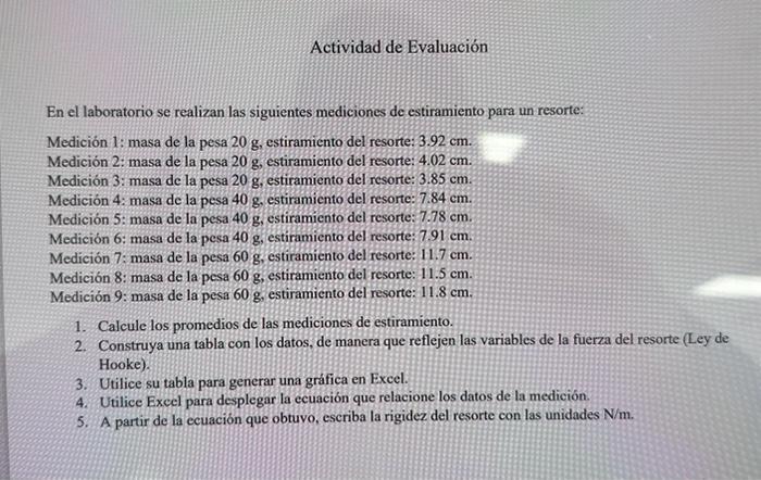 Actividad de Evaluación En el laboratorio se realizan las siguientes mediciones de estiramiento para un resorte: Medición 1: