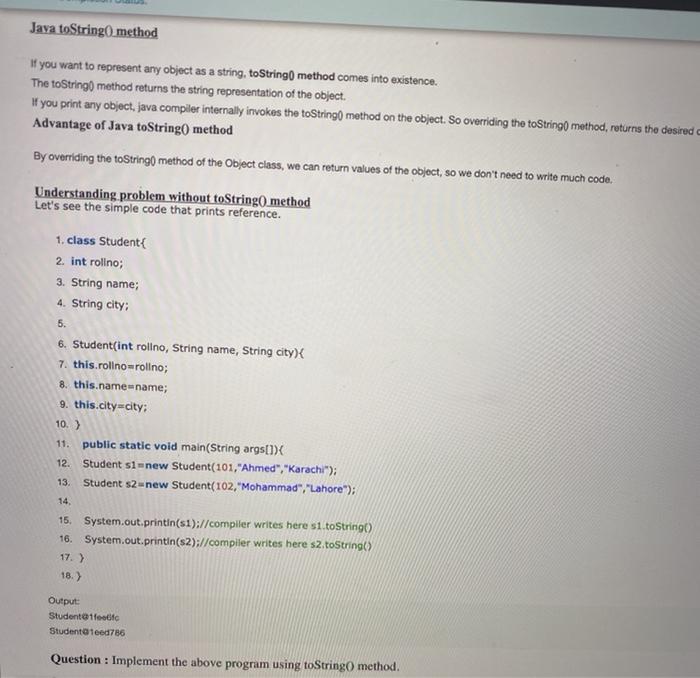 Solved Java toString() method If you want to represent any | Chegg.com