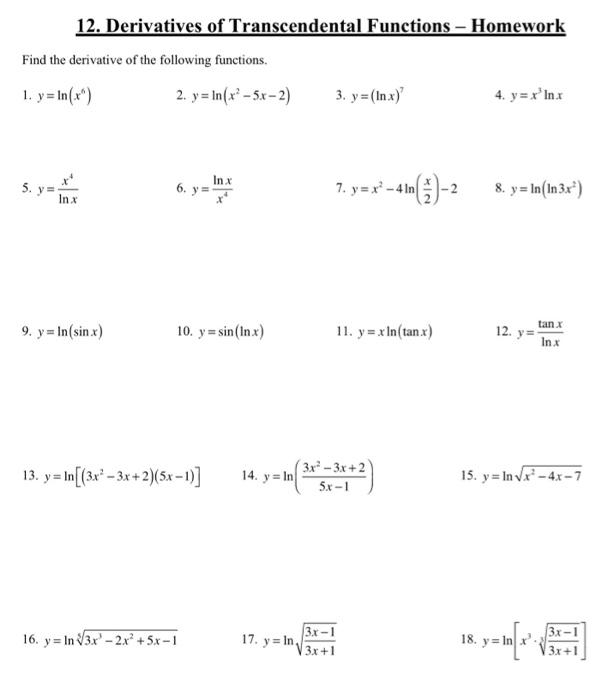 Solved 12. Derivatives of Transcendental Functions - | Chegg.com