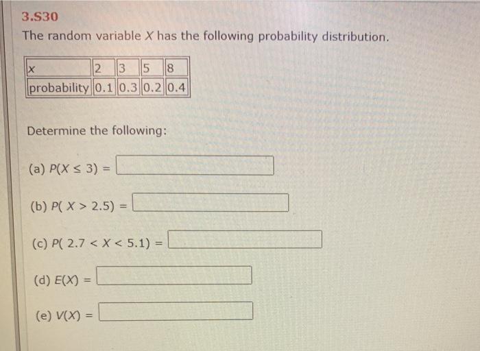 Solved 3.530 The random variable X has the following | Chegg.com