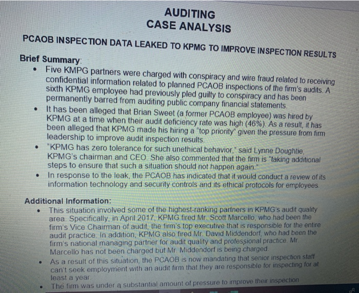 Solved AUDITING CASE ANALYSIS PCAOB INSPECTION DATA LEAKED
