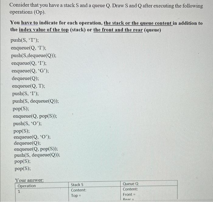 Solved Consider that you have a stack S and a queue Q. Draw | Chegg.com
