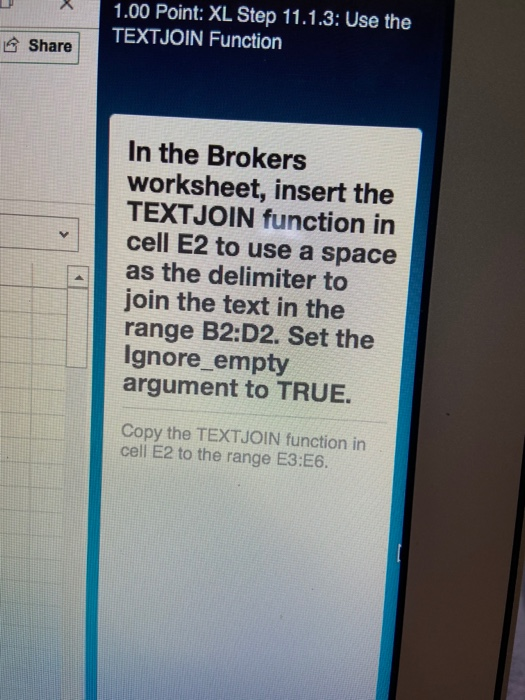 Solved 1.00 Point: XL Step 11.1.3: Use the TEXTJOIN Function | Chegg.com