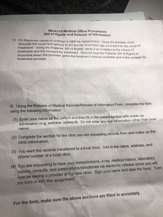 MOA110 Medical Office Procedures Bill Of Rights And | Chegg.com