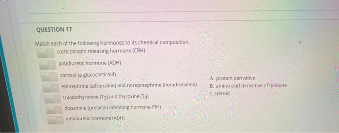 Solved QUESTION 17 Match each of the following hormones to | Chegg.com